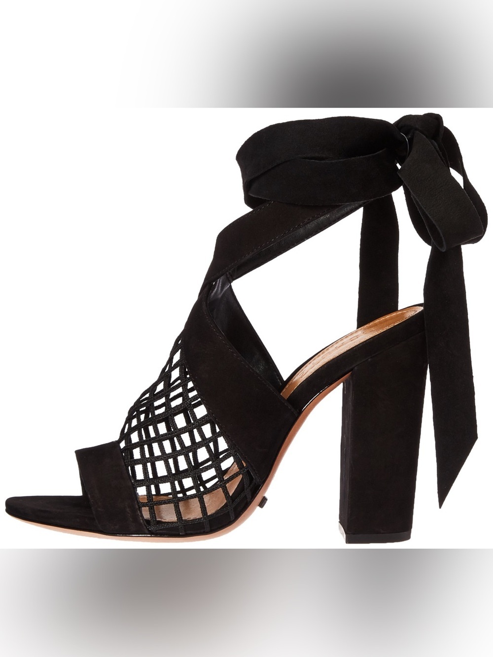 SCHUTZ Black Suede Cage Lace-Up Block Heel Sandals with Ankle Tie